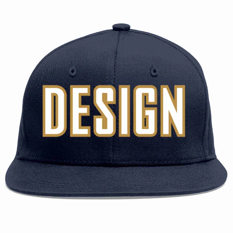 Baseball Cap For Summer-Custom Navy White-Old Gold Flat Eaves Sport Baseball Cap Design for Men/Women/Youth