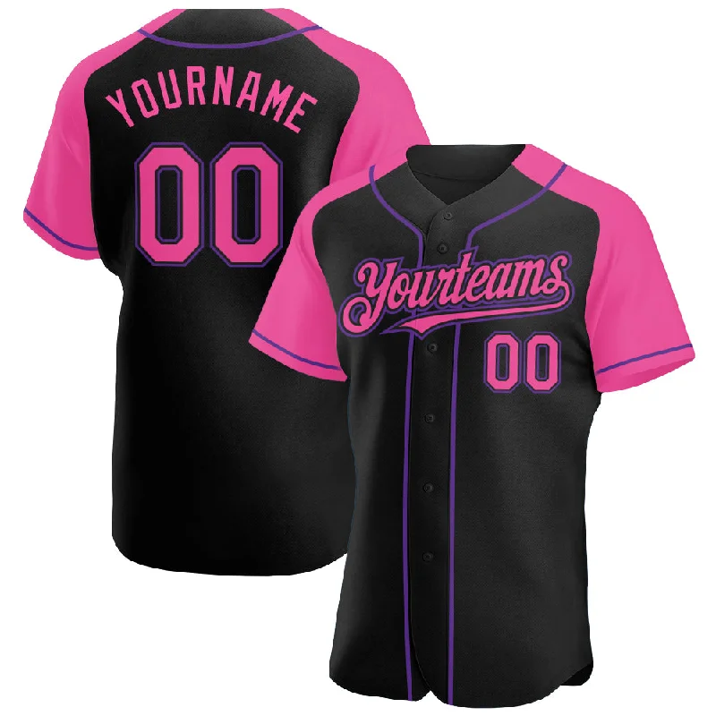 Baseball Jersey With Player Name-Custom Black Pink-Purple Authentic Raglan Sleeves Baseball Jersey