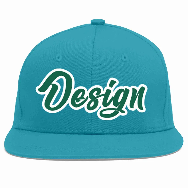 Custom Baseball Cap-Custom Aqua Kelly Green-White Flat Eaves Sport Baseball Cap Design for Men/Women/Youth