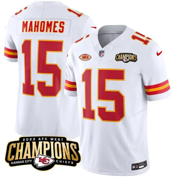 Football Jersey For School Teams-Men’s Kansas City Chiefs #15 Patrick Mahomes White 2023 F.U.S.E. AFC West Champions With "NKH" Patch Vapor Untouchable Limited Football Stitched Jersey