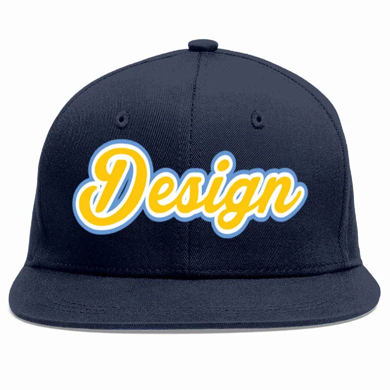 Personalized Fitted Baseball Cap-Custom Navy Gold-White Flat Eaves Sport Baseball Cap Design for Men/Women/Youth