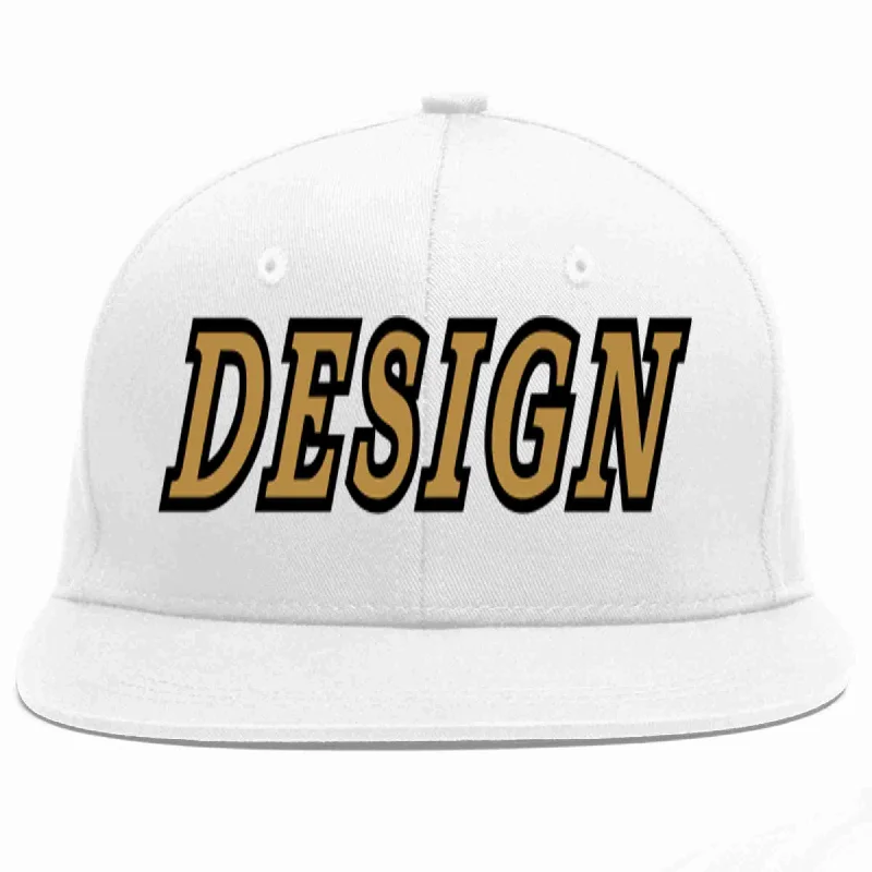 Baseball Cap With Patch-Custom White Old Gold-Black Flat Eaves Sport Baseball Cap Design for Men/Women/Youth