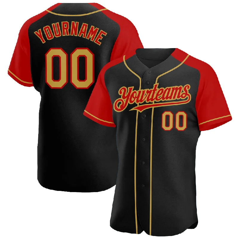 Baseball Jersey With Dye-Sublimation Printing-Custom Black Old Gold-Red Authentic Raglan Sleeves Baseball Jersey