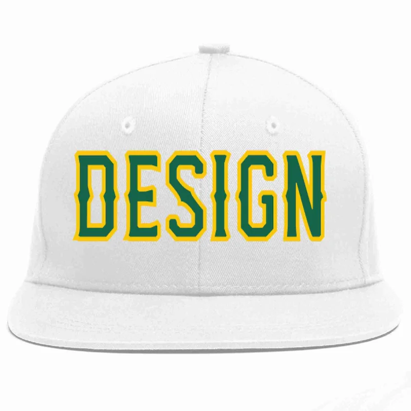 Baseball Cap With Custom Image-Custom White Kelly Green-Gold Flat Eaves Sport Baseball Cap Design for Men/Women/Youth