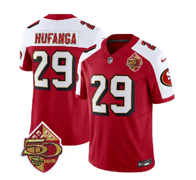 Football Jersey With Full Sublimation-Men's San Francisco 49ers #29 Talanoa Hufanga Red/White 2023 F.U.S.E. 50th Patch Throwback Football Stitched Jersey