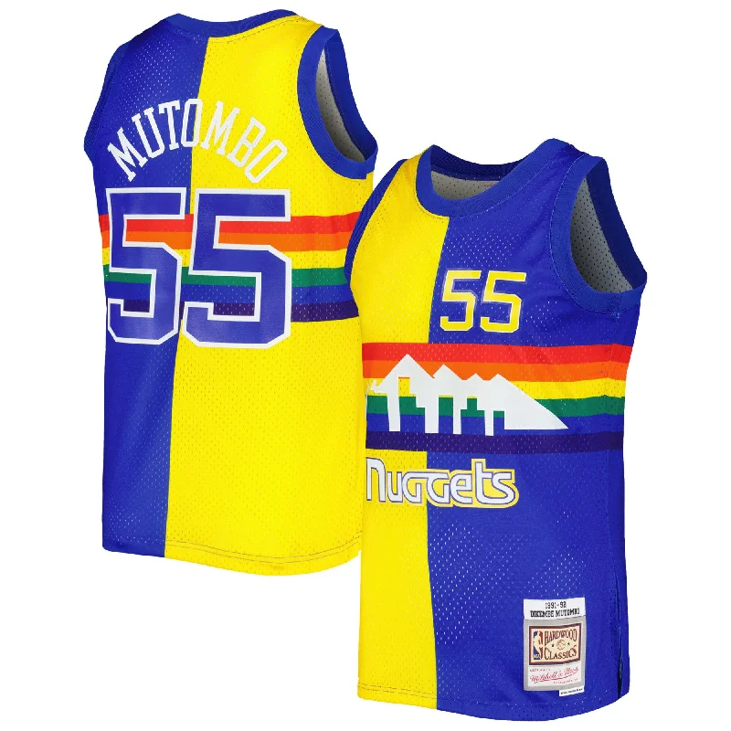 Basketball Jersey With Lightweight Fabric-Dikembe Mutombo Denver Nuggets Hardwood Classics 1991/92 Split Swingman Basketball Jersey - Royal/gold