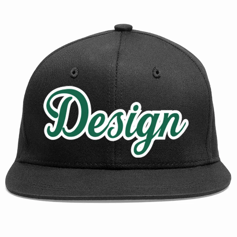 Baseball Cap For Logo Printing-Custom Black Kelly Green-White Flat Eaves Sport Baseball Cap Design for Men/Women/Youth