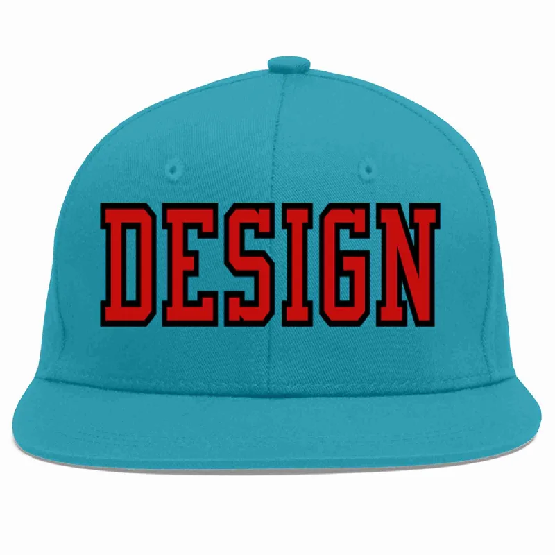 Baseball Cap For Fan Gear-Custom Aqua Red-Black Flat Eaves Sport Baseball Cap Design for Men/Women/Youth