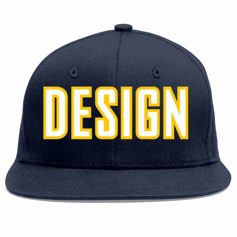 Baseball Cap For Custom Fan Gear-Custom Navy White-Gold Flat Eaves Sport Baseball Cap Design for Men/Women/Youth