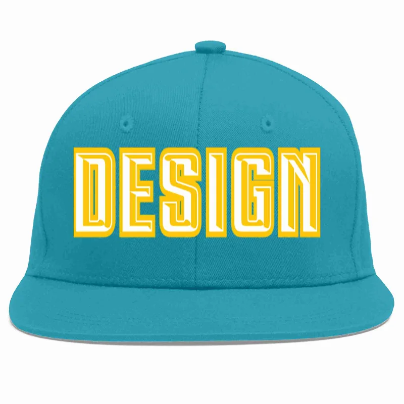 Baseball Cap For Alumni Apparel-Custom Aqua White-Gold Flat Eaves Sport Baseball Cap Design for Men/Women/Youth