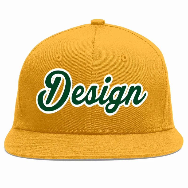 Custom Fitted Baseball Cap-Custom Gold Green-White Flat Eaves Sport Baseball Cap Design for Men/Women/Youth