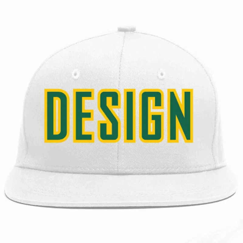 Baseball Cap For Kids-Custom White Kelly Green-Gold Flat Eaves Sport Baseball Cap Design for Men/Women/Youth