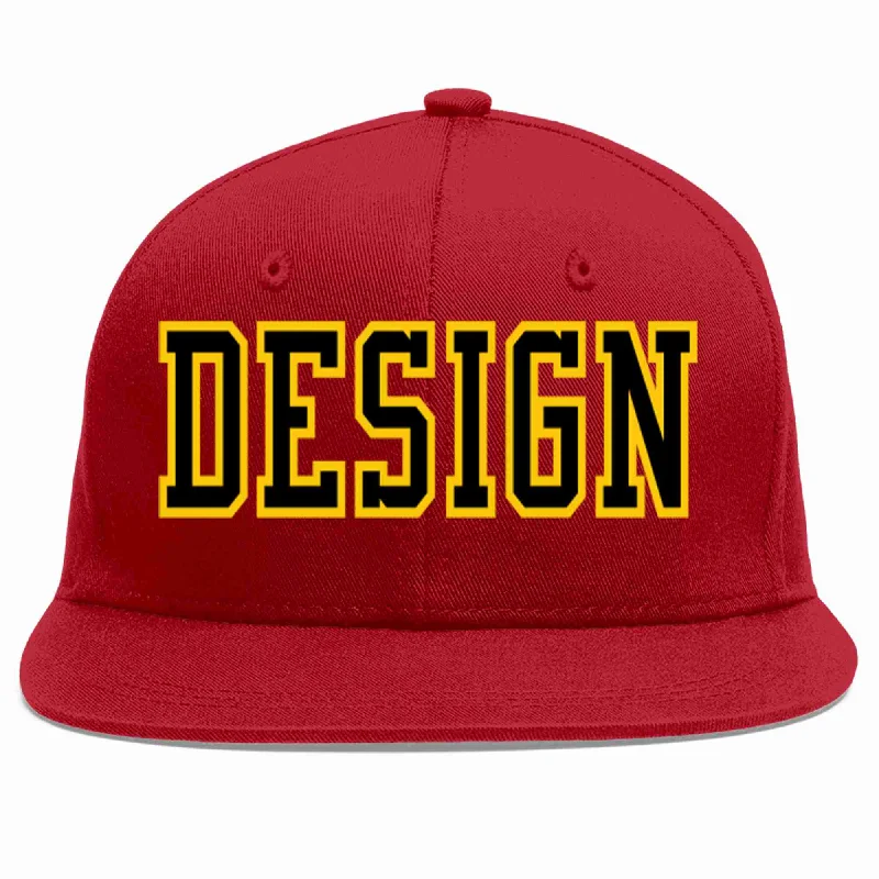 Baseball Cap For Custom Teams-Custom Red Black-Gold Flat Eaves Sport Baseball Cap Design for Men/Women/Youth