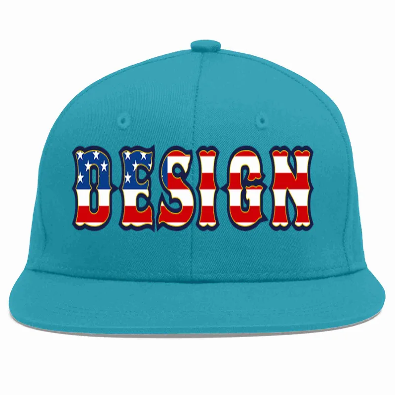 Baseball Cap With Printed Text-Custom Aqua Vintage USA Flag-Gold Flat Eaves Sport Baseball Cap Design for Men/Women/Youth