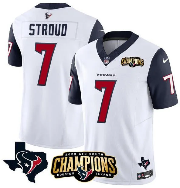 Football Jersey With Team Fan Designs-Men's Houston Texans #7 C.J. Stroud White/Navy 2023 F.U.S.E. AFC South Champions Patch And Team Logo Patch Vapor Untouchable Limited Football Stitched Jersey