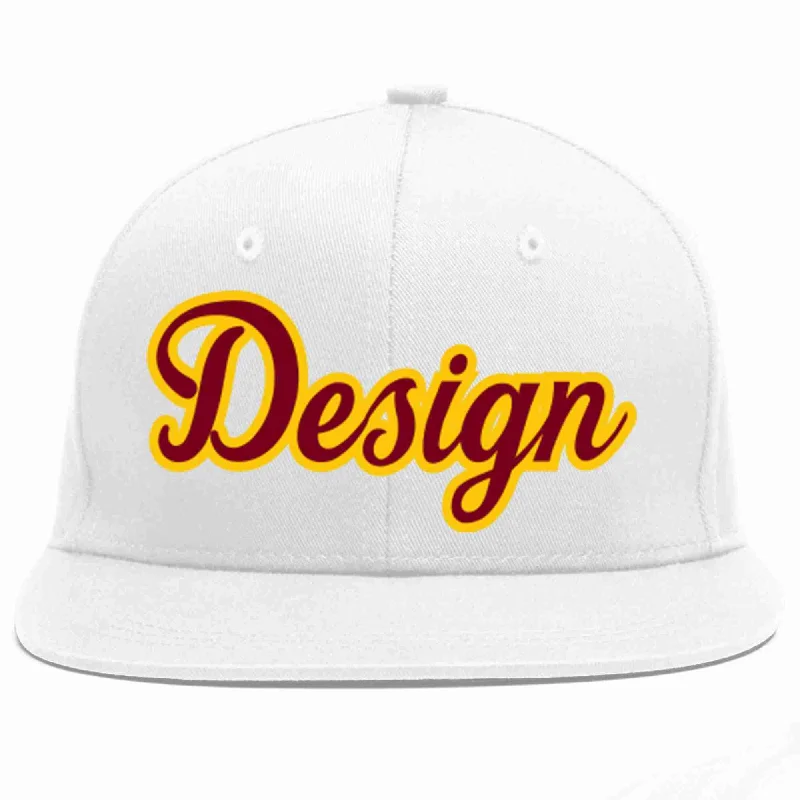 Baseball Cap For Corporate Wear-Custom White Crimson-Gold Flat Eaves Sport Baseball Cap Design for Men/Women/Youth