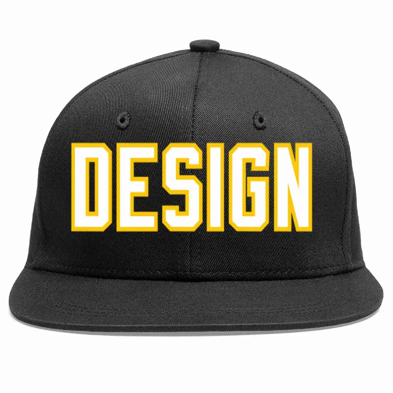 Baseball Cap For Fashionable Looks-Custom Black White-Gold Flat Eaves Sport Baseball Cap Design for Men/Women/Youth