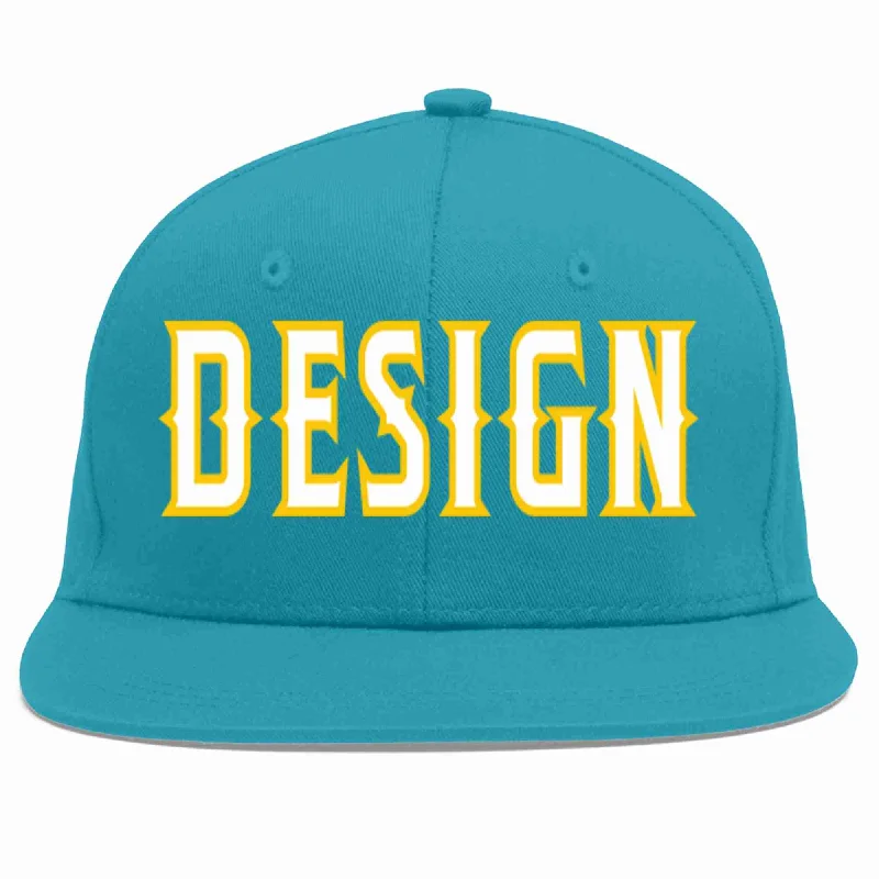 Baseball Cap For Custom Fan Merchandise-Custom Aqua White-Gold Flat Eaves Sport Baseball Cap Design for Men/Women/Youth