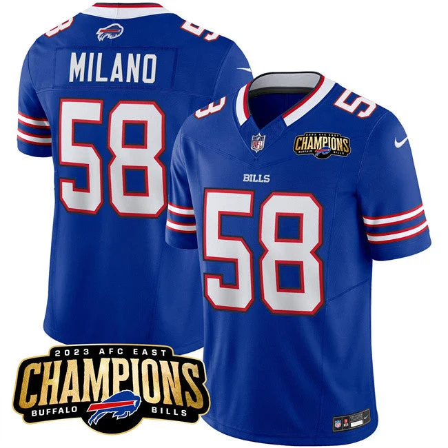 Football Jersey With Custom Graphics-Men's Buffalo Bills #58 Matt Milano Blue 2023 F.U.S.E. AFC East Champions Ptach Football Stitched Jersey