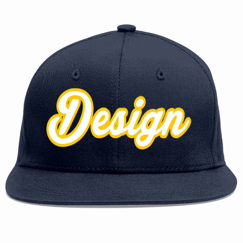 Personalized Snapback Baseball Cap-Custom Navy White-Gold Flat Eaves Sport Baseball Cap Design for Men/Women/Youth