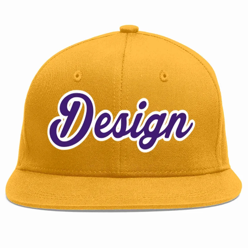 Baseball Cap With Name-Custom Gold purple-White Flat Eaves Sport Baseball Cap Design for Men/Women/Youth