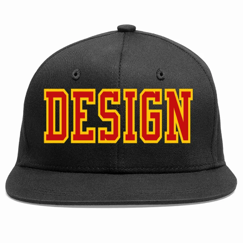 Baseball Cap For Custom Orders-Custom Black Red-Yellow Flat Eaves Sport Baseball Cap Design for Men/Women/Youth