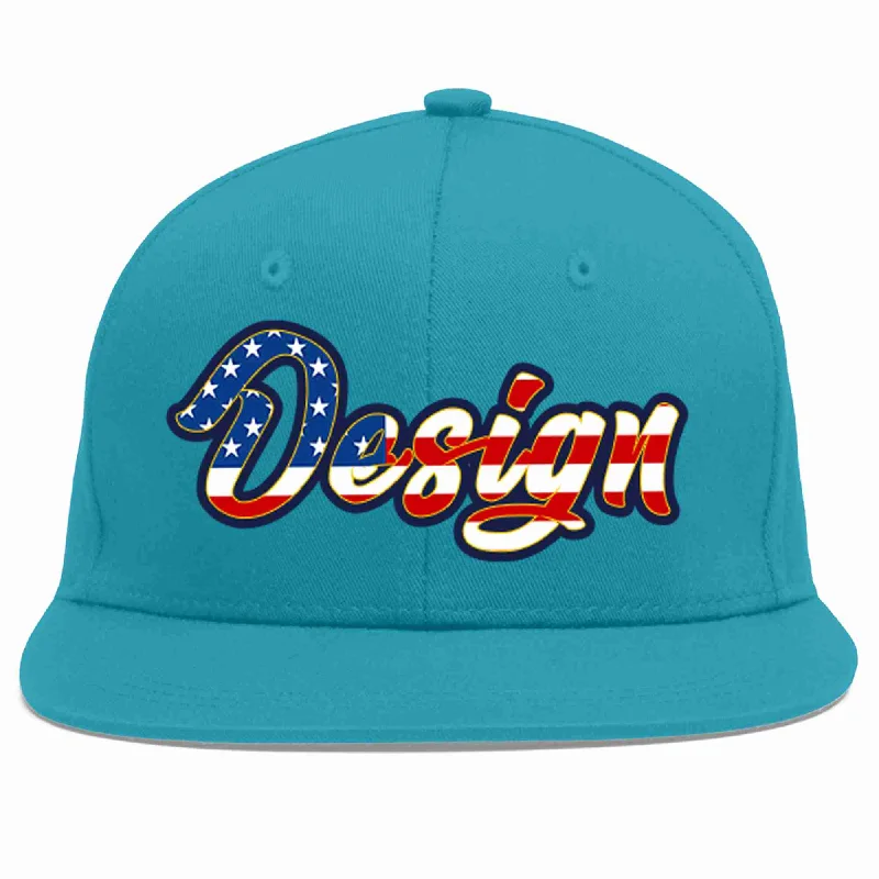 Baseball Cap For Sale-Custom Aqua Vintage USA Flag-Gold Flat Eaves Sport Baseball Cap Design for Men/Women/Youth