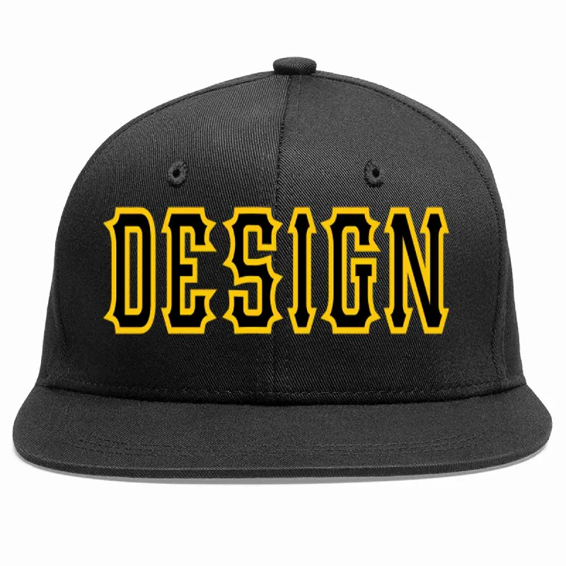 Baseball Cap For Basketball Fans-Custom Black Black-Gold Flat Eaves Sport Baseball Cap Design for Men/Women/Youth