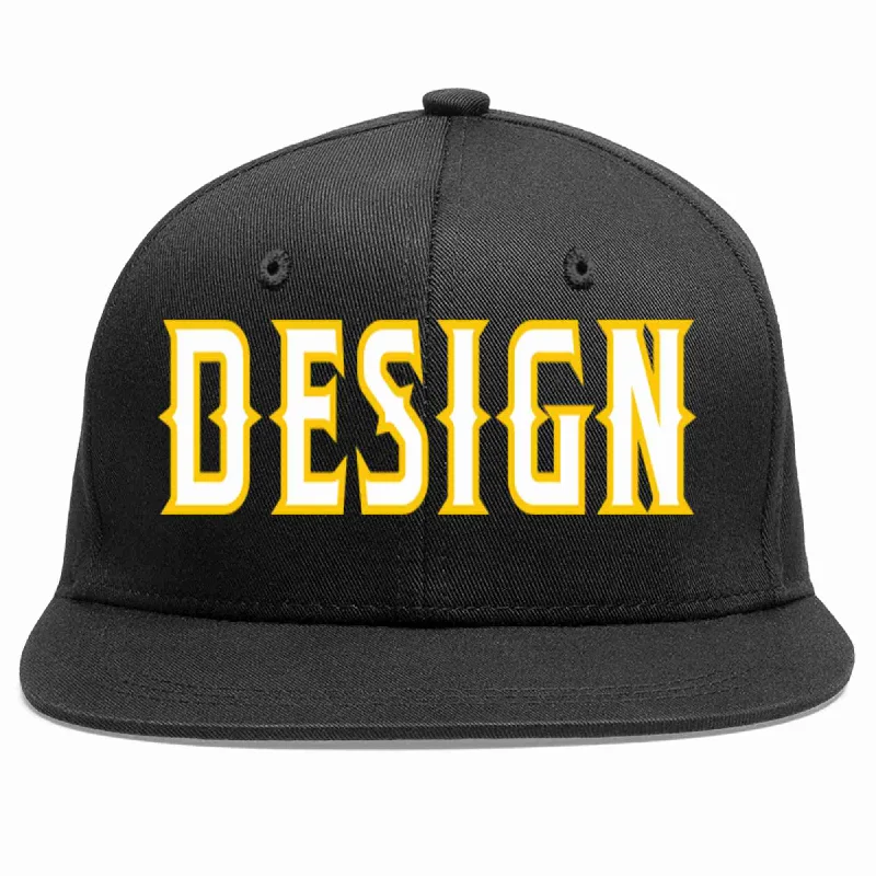 Baseball Cap For Kids-Custom Black White-Gold Flat Eaves Sport Baseball Cap Design for Men/Women/Youth