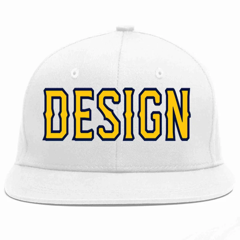 Baseball Cap For Logo Printing-Custom White Gold-Navy Flat Eaves Sport Baseball Cap Design for Men/Women/Youth