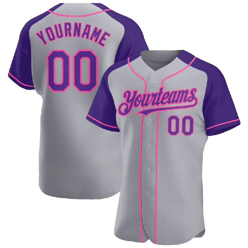 Baseball Jersey With Custom Graphics-Custom Gray Purple-Pink Authentic Raglan Sleeves Baseball Jersey