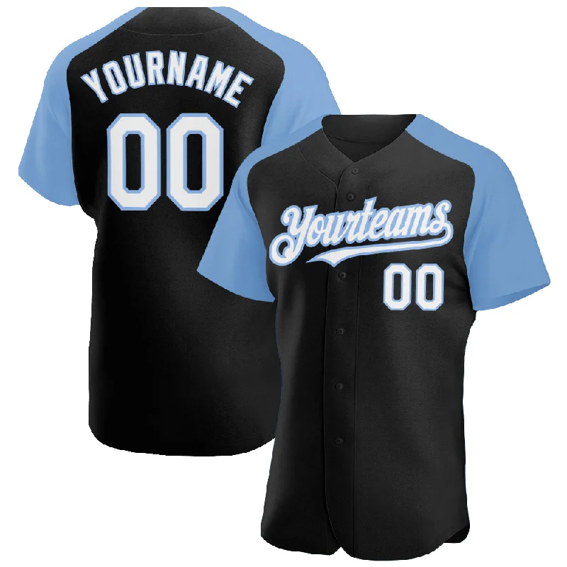 Baseball Jersey For Baseball Fans-Custom Black White-Light Blue Authentic Raglan Sleeves Baseball Jersey