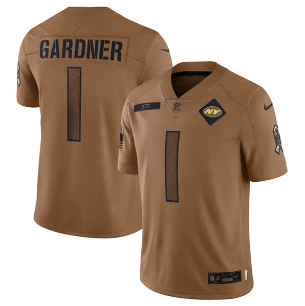 Football Jersey With Embroidery-Men's New York Jets #1 Sauce Gardner 2023 Brown Salute To Service Limited Football Stitched Jersey