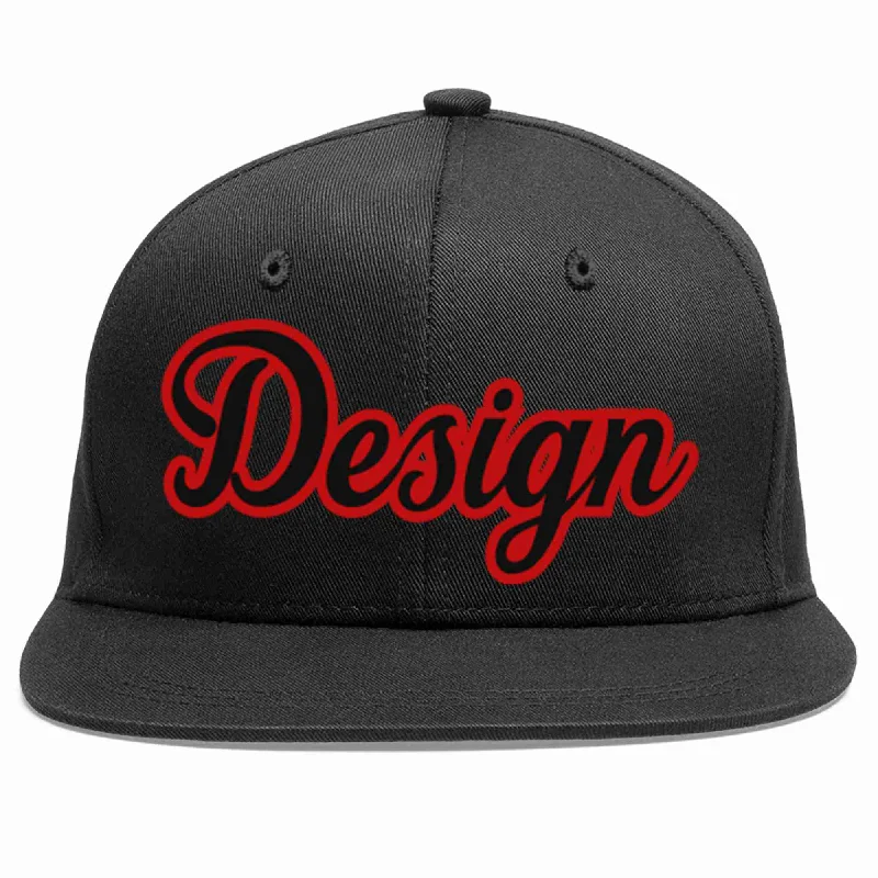 Baseball Cap With Custom Image-Custom Black Black-Red Flat Eaves Sport Baseball Cap Design for Men/Women/Youth