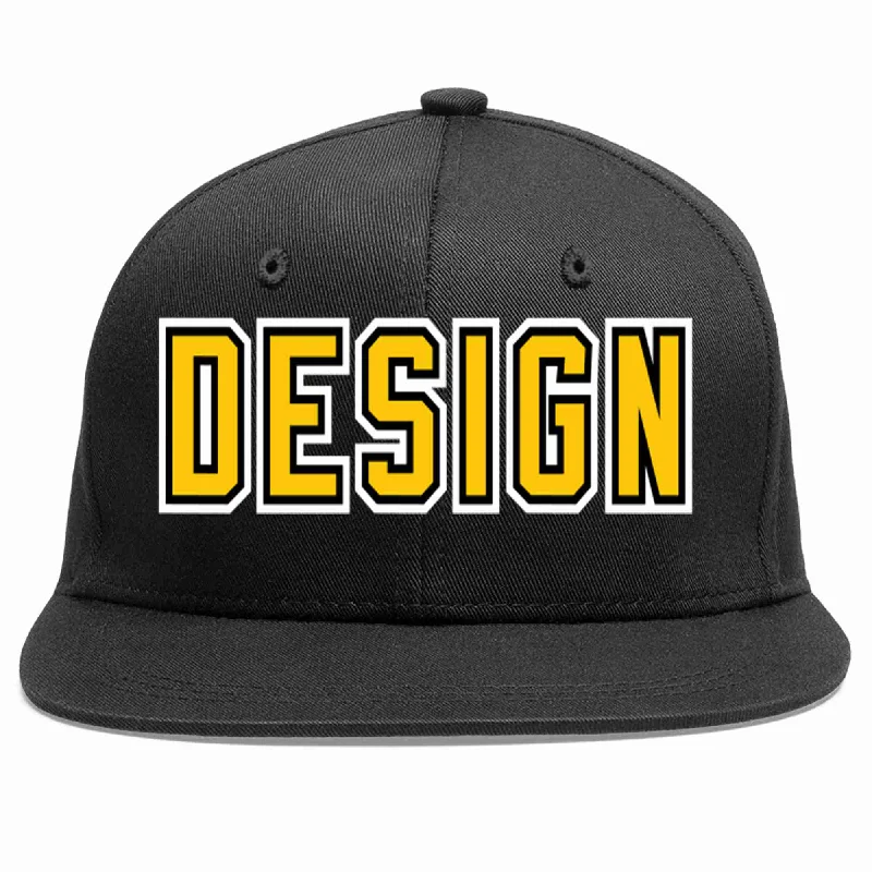 Baseball Cap For Sports Fan Gear-Custom Black Gold-Black Flat Eaves Sport Baseball Cap Design for Men/Women/Youth