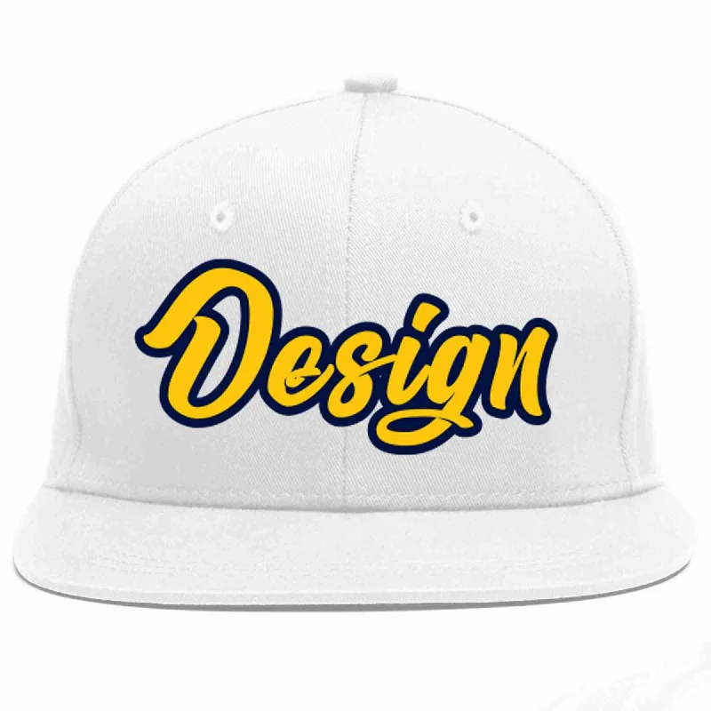 Baseball Cap For Outdoor Sports-Custom White Gold-Navy Flat Eaves Sport Baseball Cap Design for Men/Women/Youth