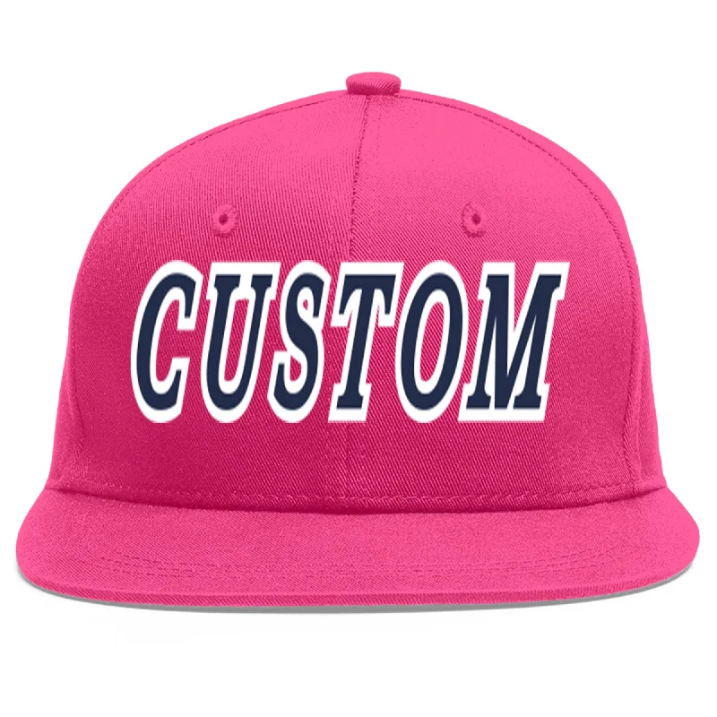 Baseball Cap For Sporting Events-Custom Rose Red Navy-White Flat Eaves Sport Baseball Cap