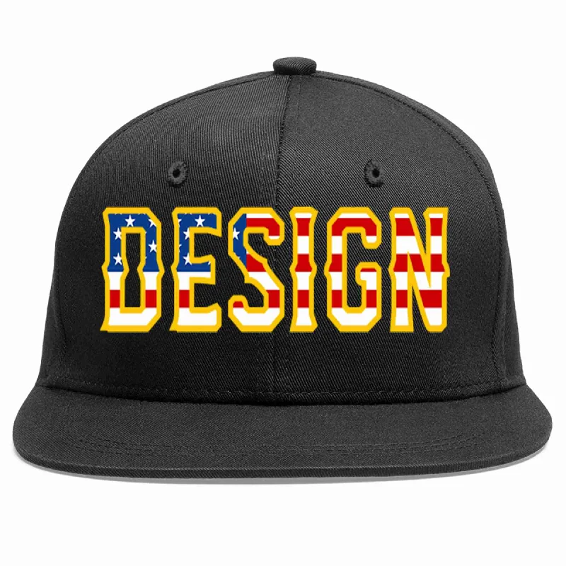 Custom Baseball Cap With Logo-Custom Black Vintage?USA?Flag-Gold Flat Eaves Sport Baseball Cap Design for Men/Women/Youth