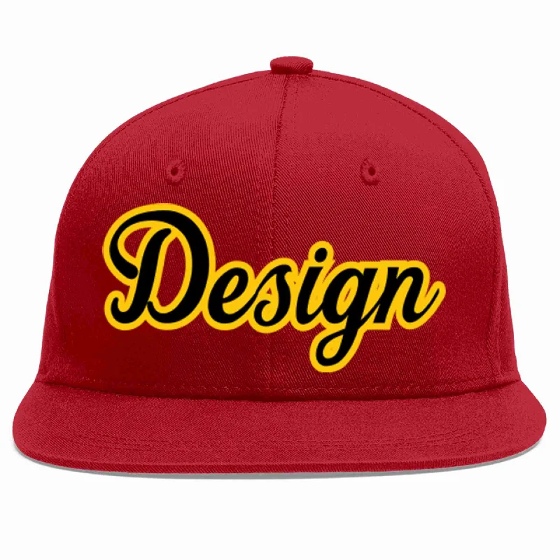 Baseball Cap For Everyday Fashion-Custom Red Black-Gold Flat Eaves Sport Baseball Cap Design for Men/Women/Youth