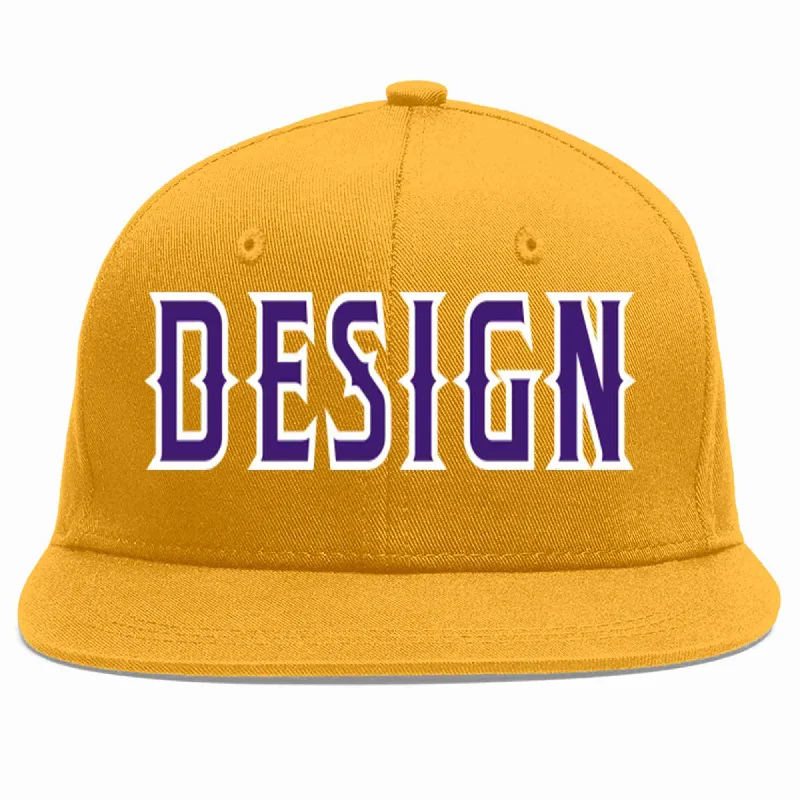 Baseball Cap For Baseball Fans-Custom Gold purple-White Flat Eaves Sport Baseball Cap Design for Men/Women/Youth