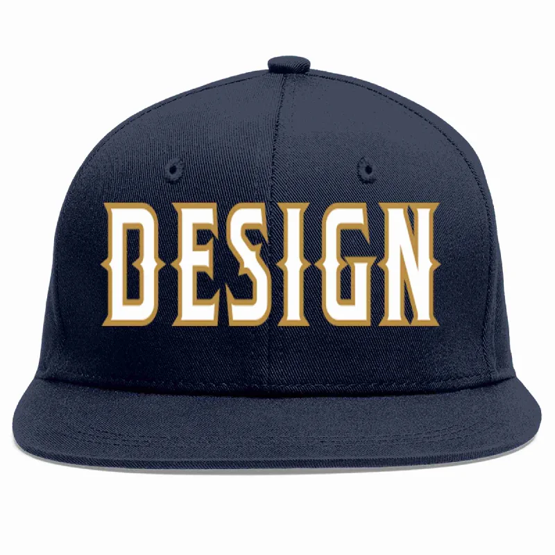 Baseball Cap For Custom Events-Custom Navy White-Old Gold Flat Eaves Sport Baseball Cap Design for Men/Women/Youth