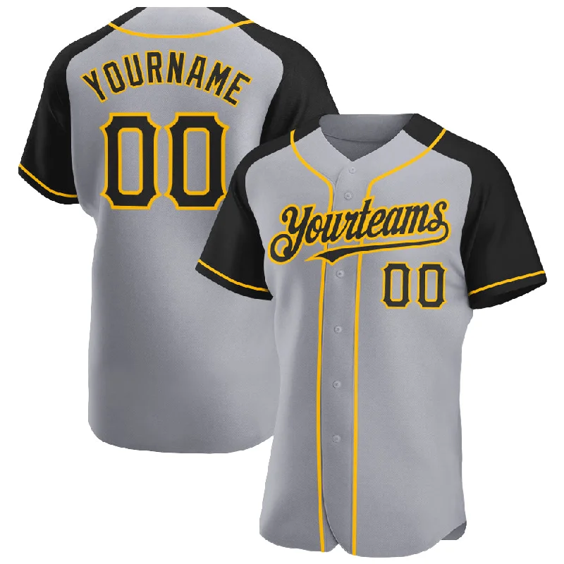 Baseball Jersey With Player Profile Printing-Custom Gray Black-Gold Authentic Raglan Sleeves Baseball Jersey