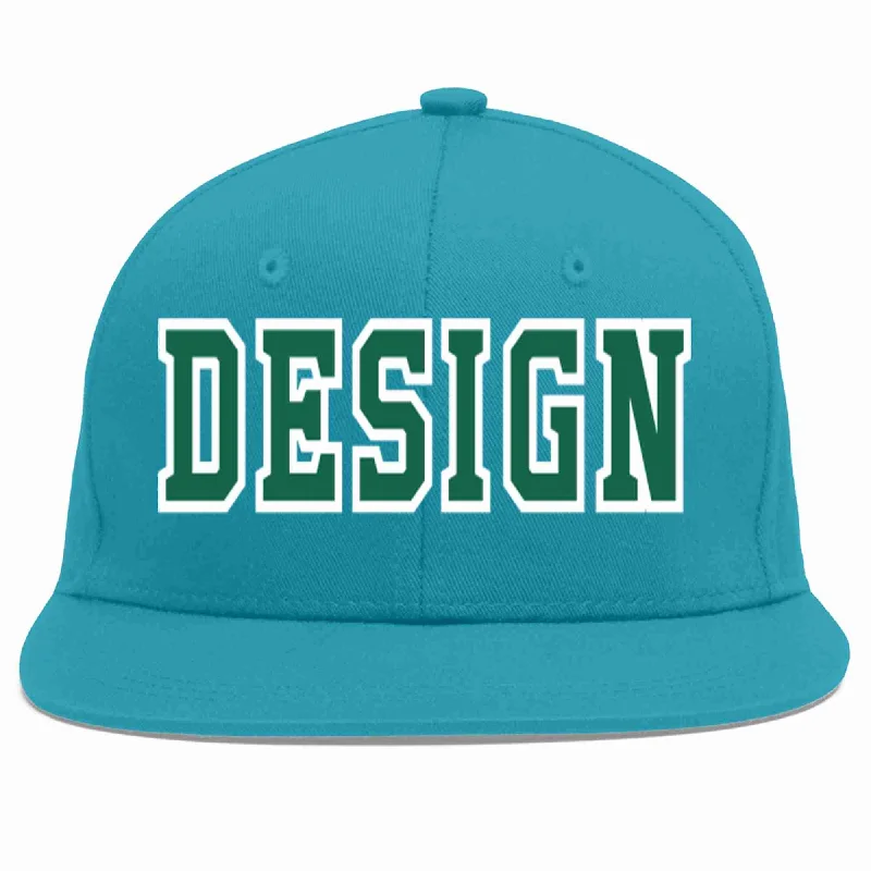 Baseball Cap For Workwear-Custom Aqua Kelly Green-White Flat Eaves Sport Baseball Cap Design for Men/Women/Youth