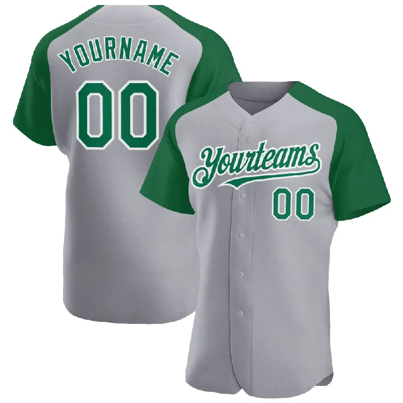 Baseball Jersey For Custom Branding-Custom Gray Kelly Green-White Authentic Raglan Sleeves Baseball Jersey