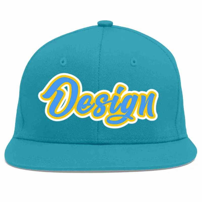 Custom Aqua Powder Blue-Gold Flat Eaves Sport Baseball Cap Design for Men/Women/Youth