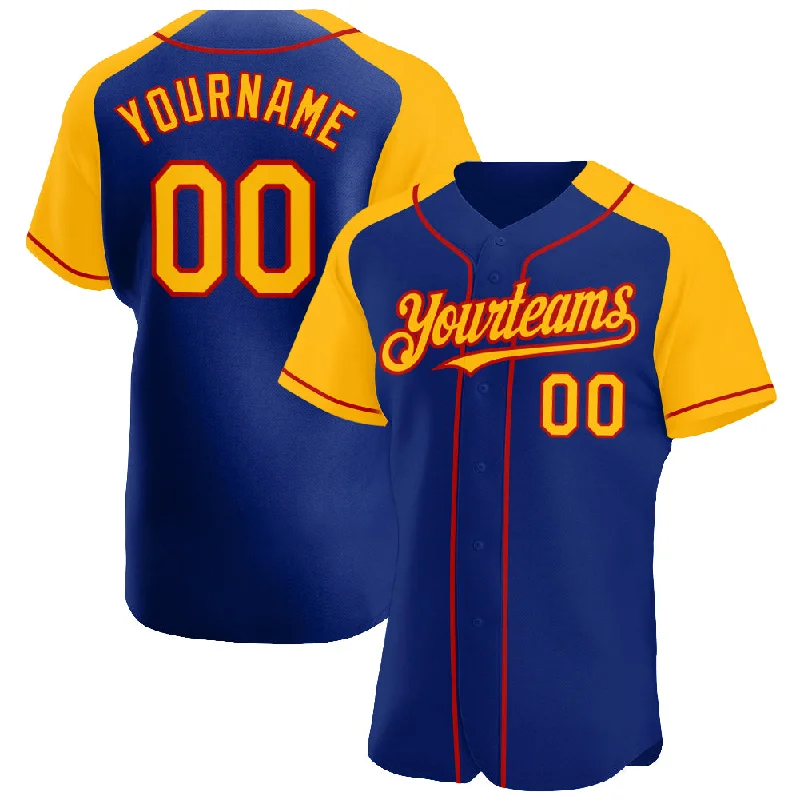 Baseball Jersey For Tailgating Parties-Custom Royal Gold-Red Authentic Raglan Sleeves Baseball Jersey