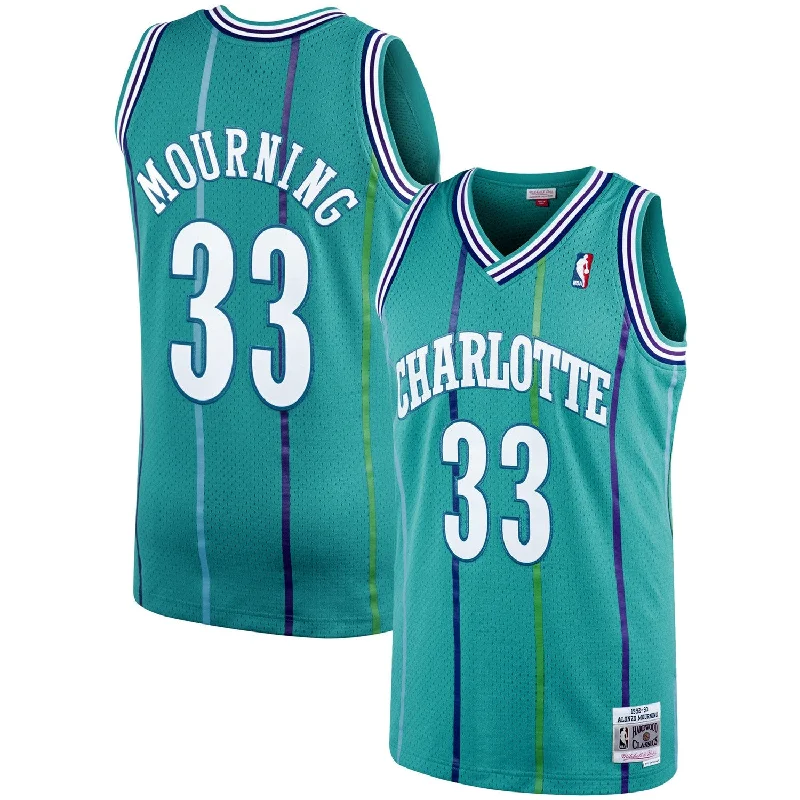 Basketball Jersey With Color Customization-Alonzo Mourning Charlotte Hornets 1992/93 Hardwood Classics Swingman Basketball Jersey - Teal