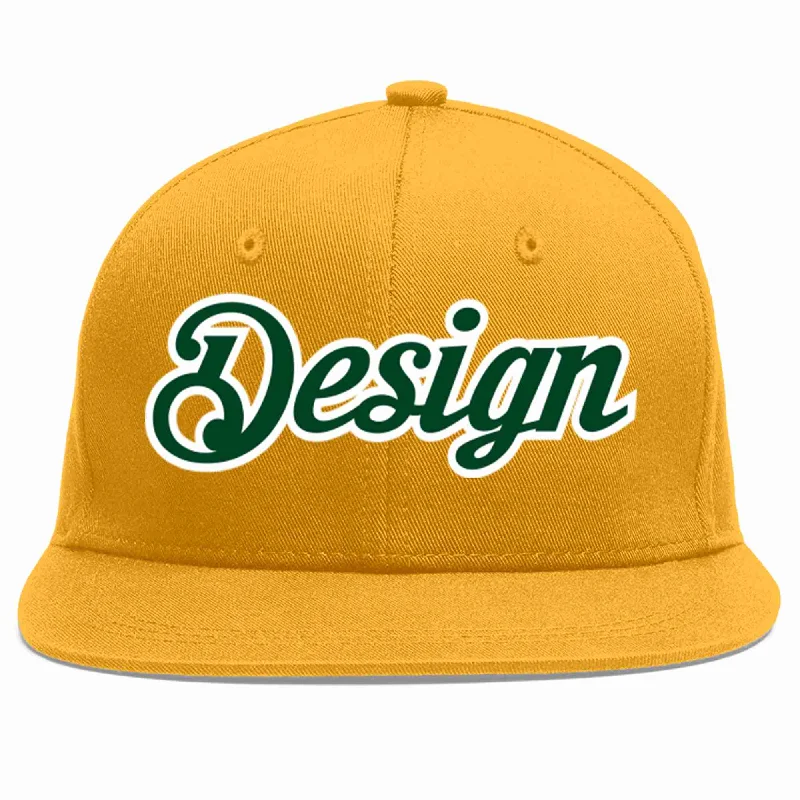 Baseball Cap For Stylish Streetwear-Custom Gold Green-White Flat Eaves Sport Baseball Cap Design for Men/Women/Youth