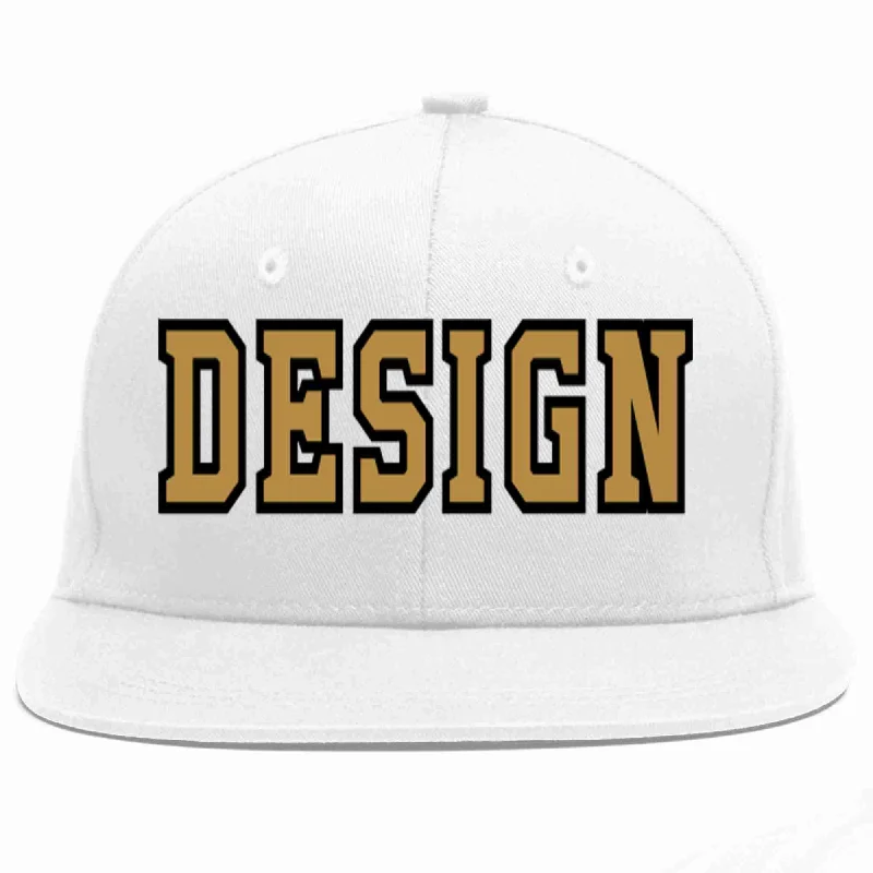 Baseball Cap For School Teams-Custom White Old Gold-Black Flat Eaves Sport Baseball Cap Design for Men/Women/Youth