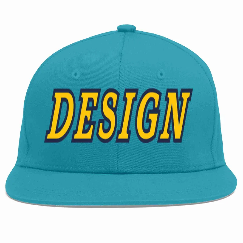 Baseball Cap For Running-Custom Aqua Gold-Navy Flat Eaves Sport Baseball Cap Design for Men/Women/Youth